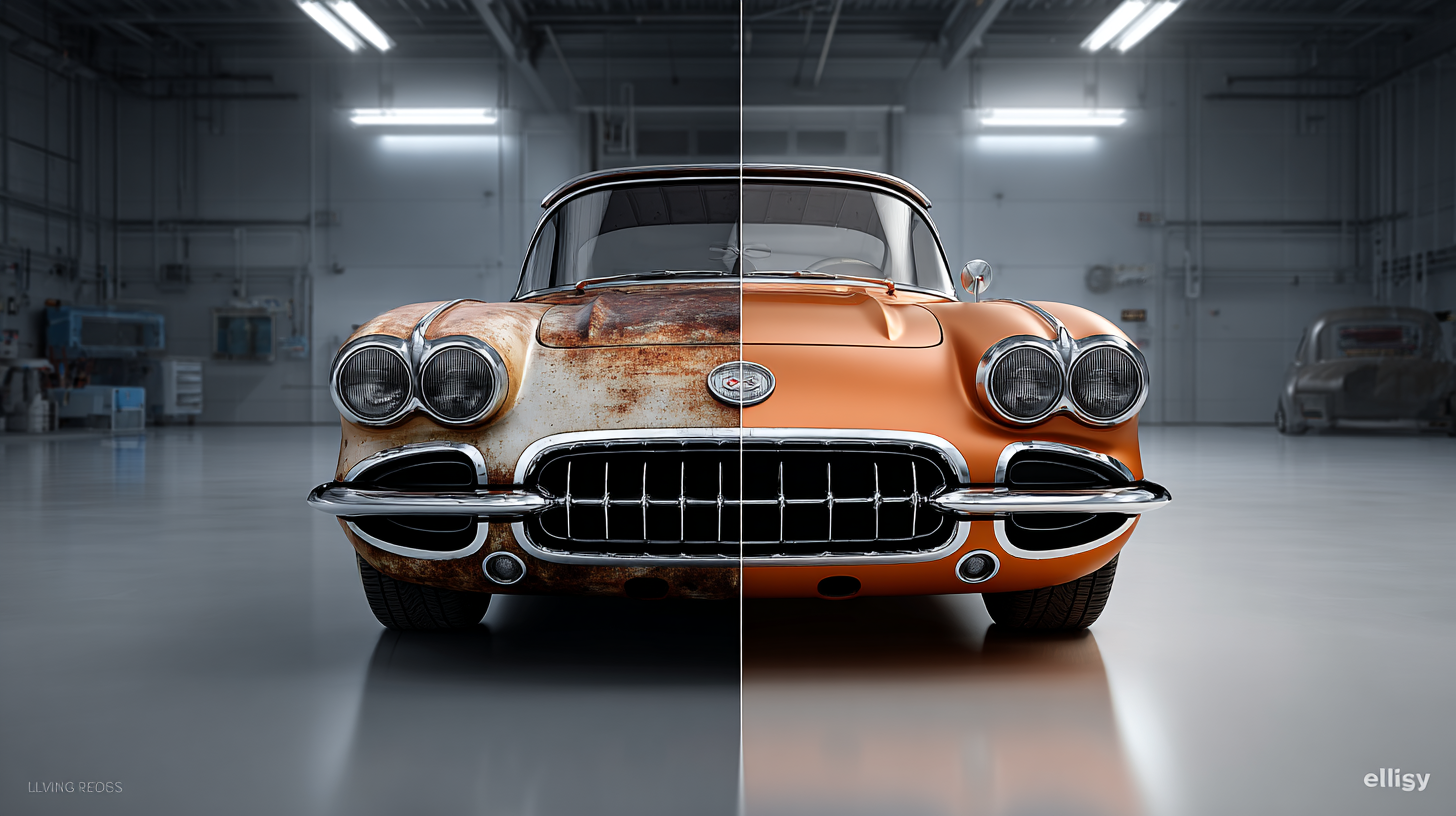 Before and after car restoration showing dramatic transformation